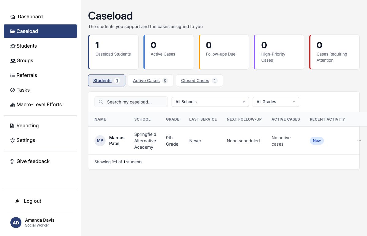 Caseload workspace showing summary cards, tabs, filters, and a student row