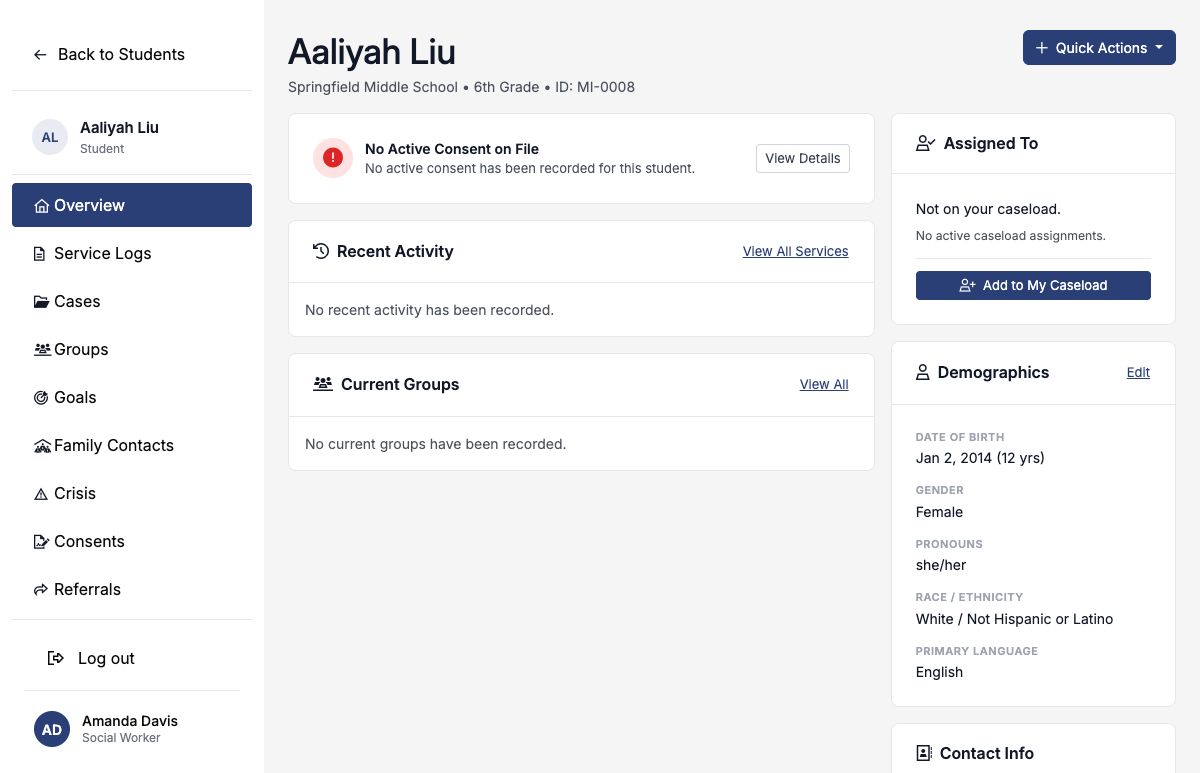 Student profile showing that Aaliyah Liu is not on the current user's caseload and an Add to My Caseload button