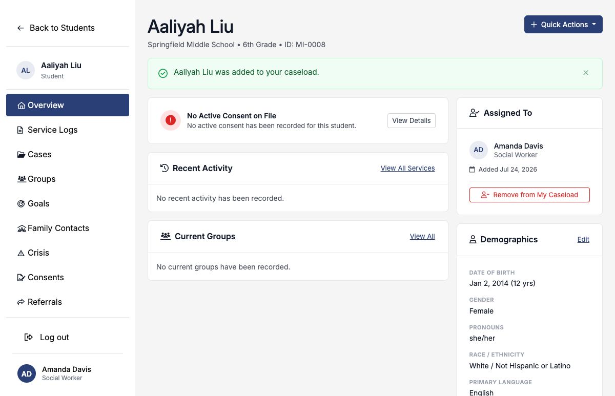 Student profile showing Amanda Davis assigned to Aaliyah Liu with a removal button