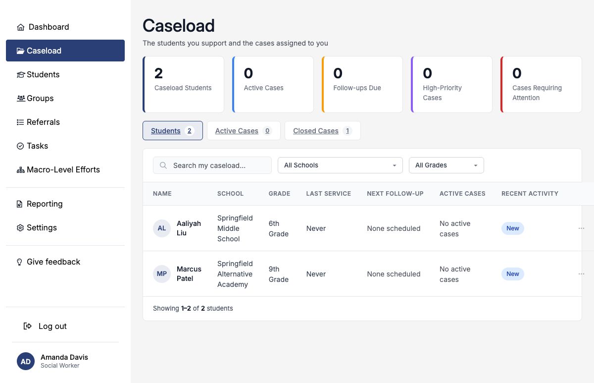 Caseload Students tab showing Aaliyah Liu and Marcus Patel