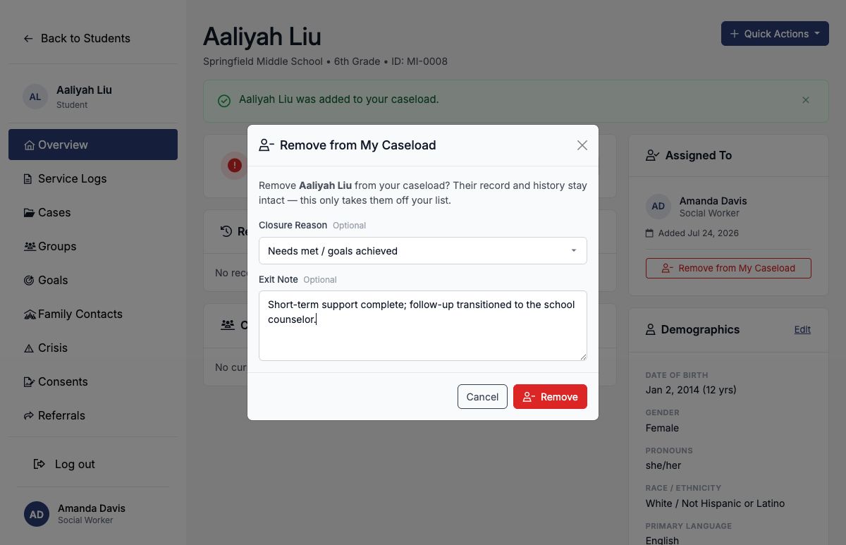 Remove from My Caseload dialog with Needs met selected and an exit note