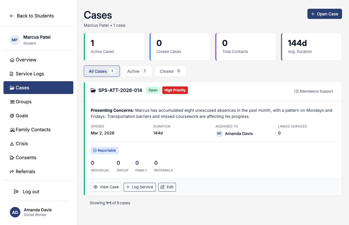 Cases page showing an active attendance-support case