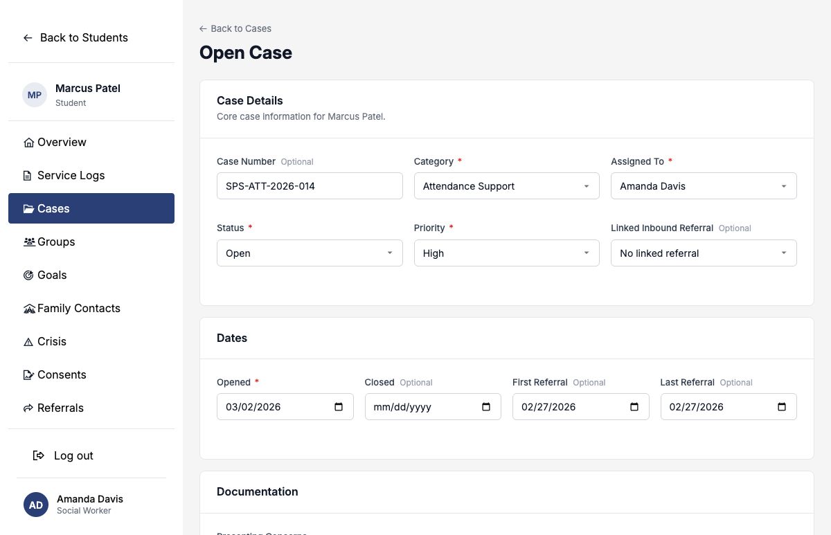 Open Case form filled with case number, attendance category, assignee, open status, and high priority