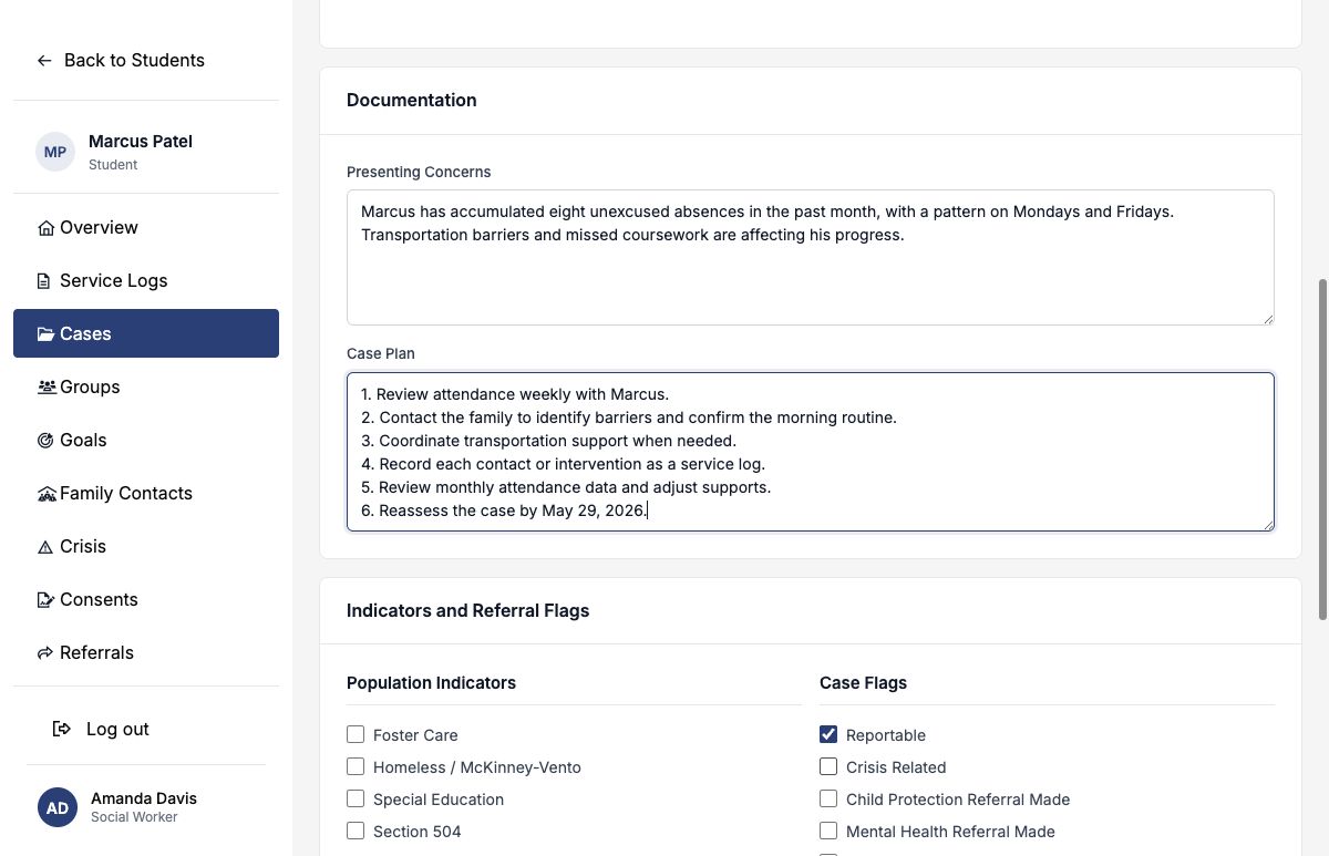 Open Case form showing dates and attendance-support documentation