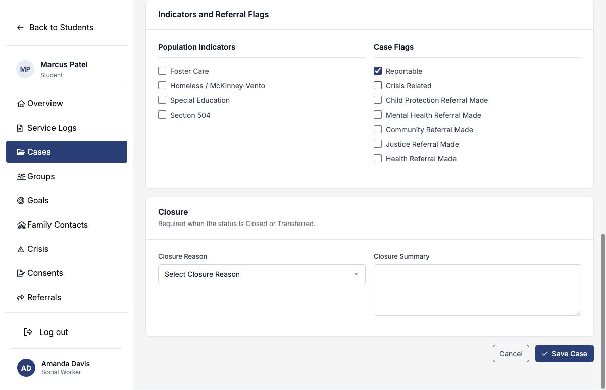 Open Case form showing population indicators, case flags, and closure fields