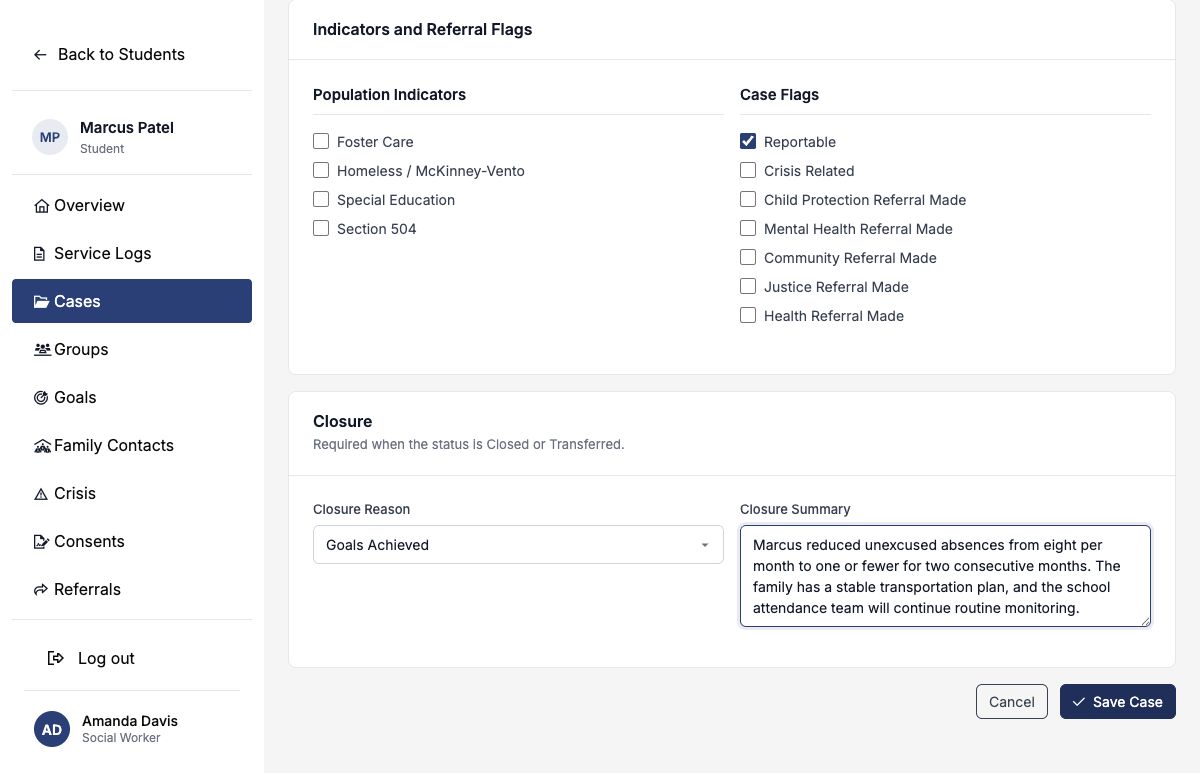 Edit Case form with a completed closure reason and summary
