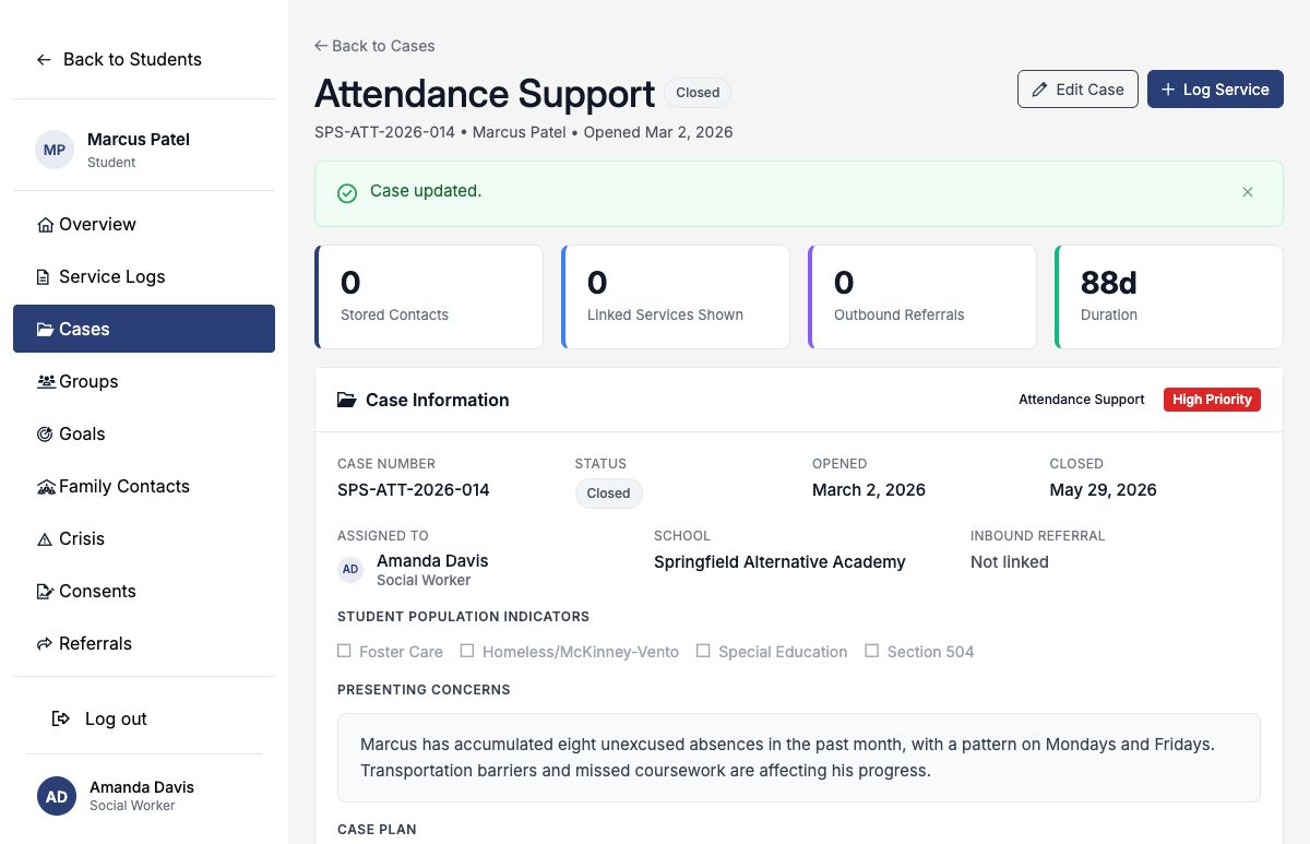 Closed attendance-support case showing the closed status and duration