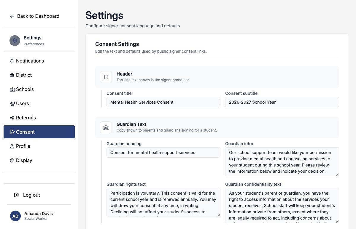 Consent Settings showing the header and guardian text fields