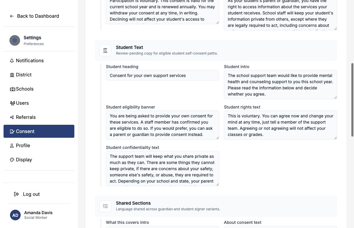 Consent Settings showing student self-consent language
