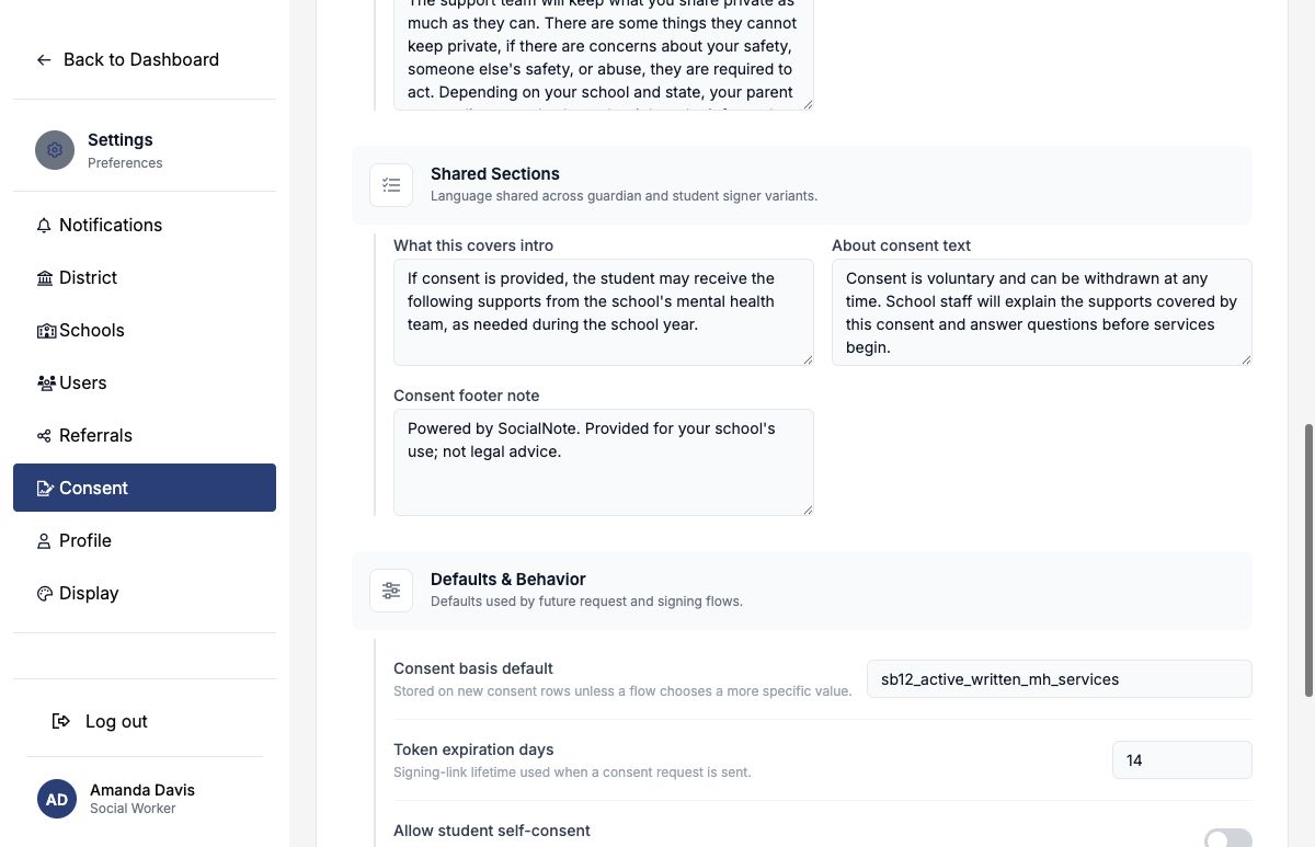 Consent Settings showing shared coverage, about-consent, and footer text