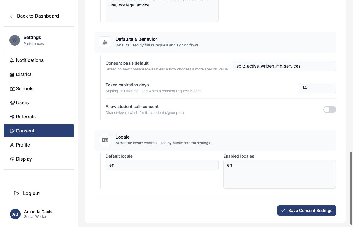 Consent Settings showing consent basis, link expiration, self-consent, locale, and save button