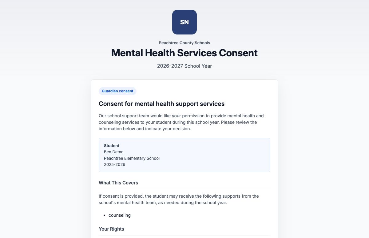 Guardian public consent page showing district branding, student, covered service, and rights