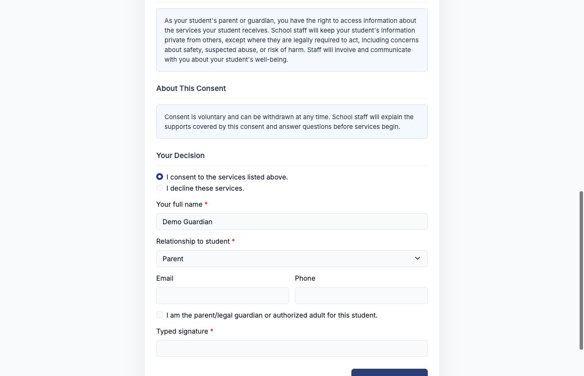 Guardian public consent page showing decision, identity, attestation, and signature fields