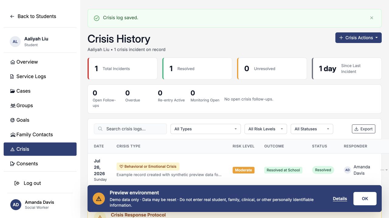 Crisis History showing one resolved behavioral or emotional crisis with summary cards and filters