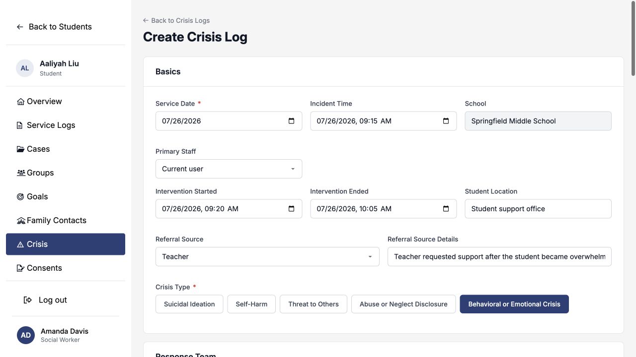 Create Crisis Log Basics section filled with a behavioral or emotional crisis example