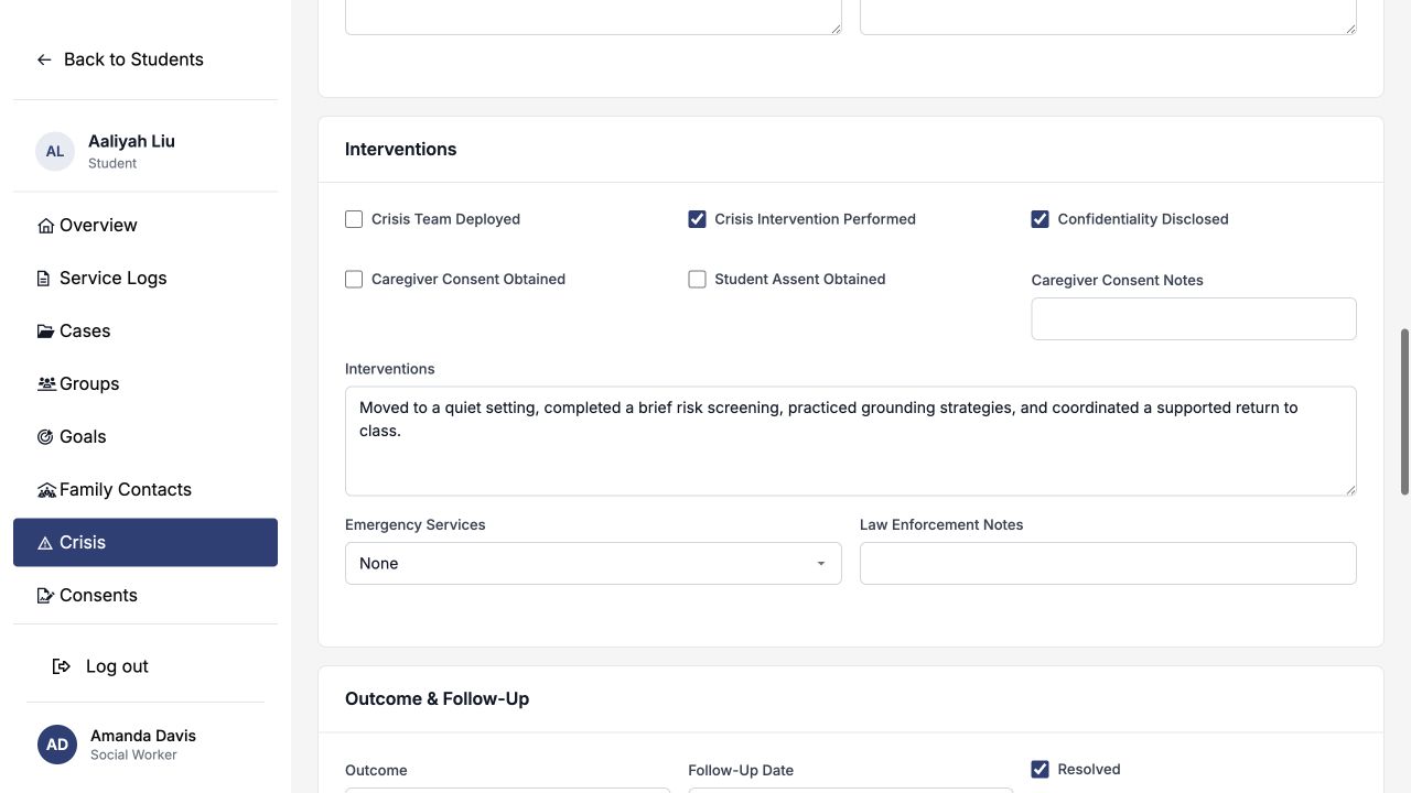 Crisis interventions and outcome sections filled with a resolved-at-school example