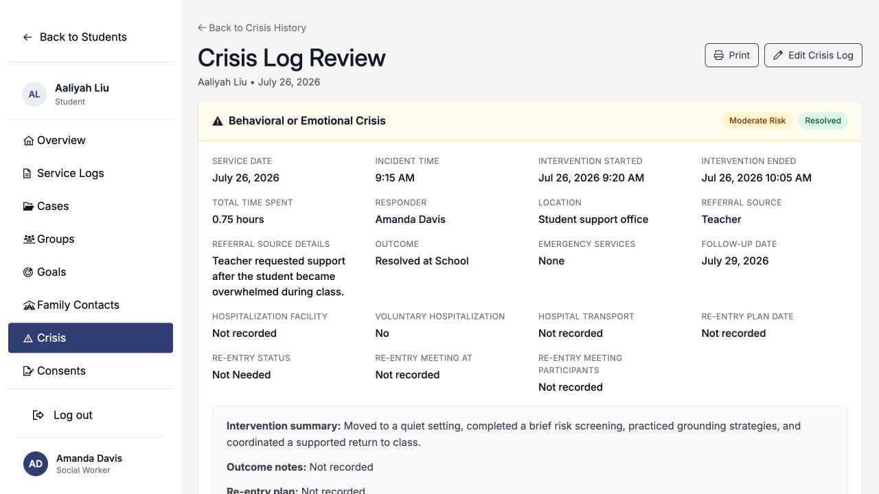 Crisis Log Review showing a moderate-risk resolved behavioral or emotional crisis