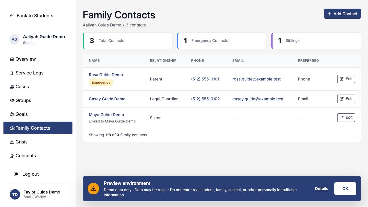 Family Contacts list for synthetic student Aaliyah Guide Demo with parent, legal guardian, and linked sister records