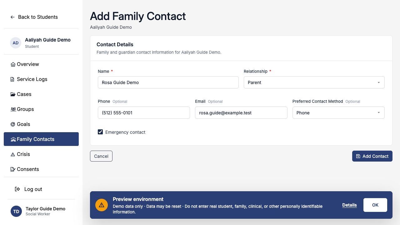 Completed Add Family Contact form for synthetic parent Rosa Guide Demo with phone, email, preferred method, and emergency designation