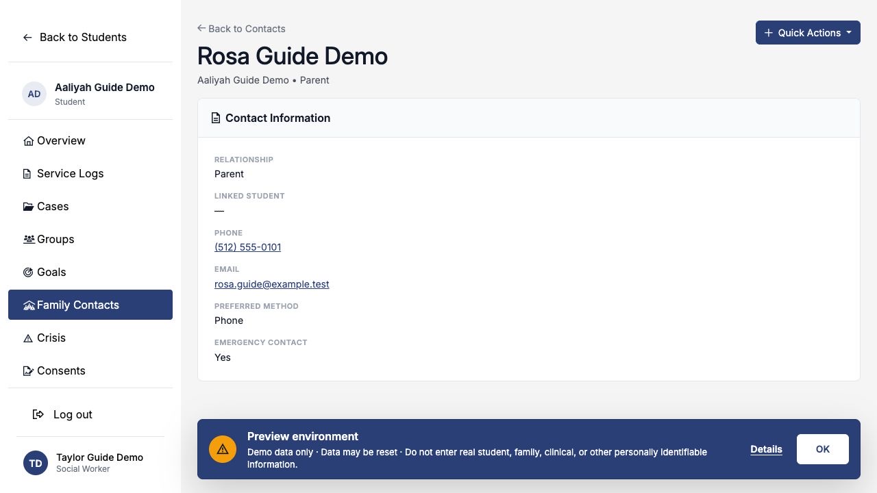Saved parent contact details for synthetic contact Rosa Guide Demo