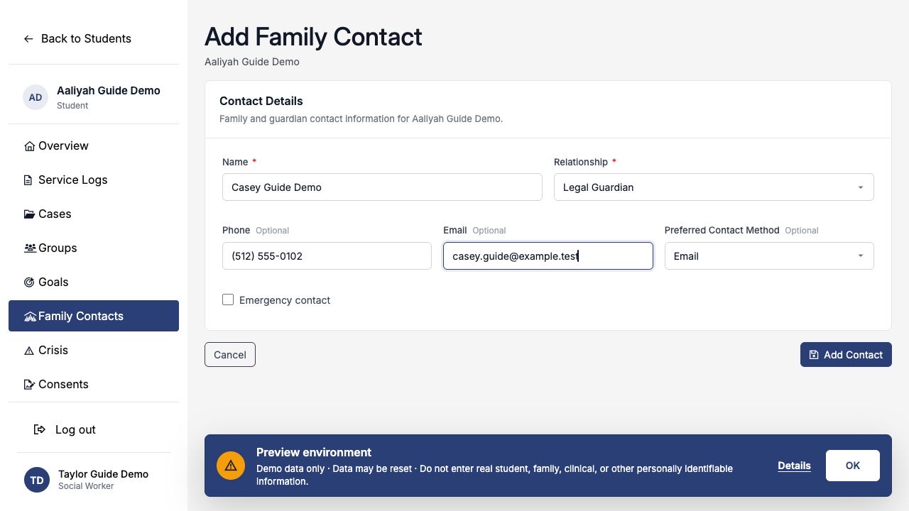 Add Family Contact form for synthetic legal guardian Casey Guide Demo with email selected as the preferred method