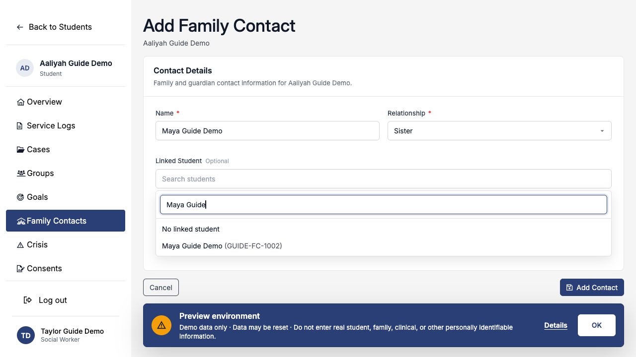 Linked Student search on an Add Family Contact form showing synthetic student Maya Guide Demo and student ID