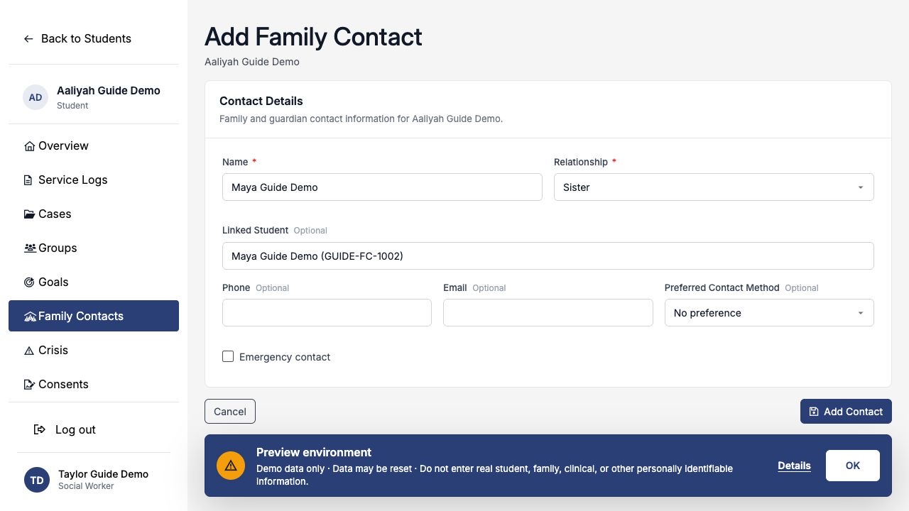 Completed sibling Family Contact form with Maya Guide Demo linked to the existing student record