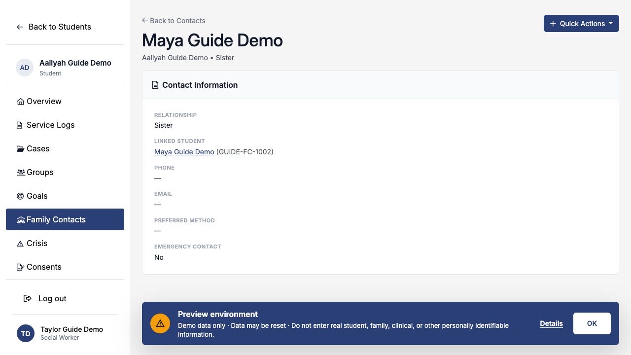 Saved sister contact showing a link to synthetic student Maya Guide Demo and student ID
