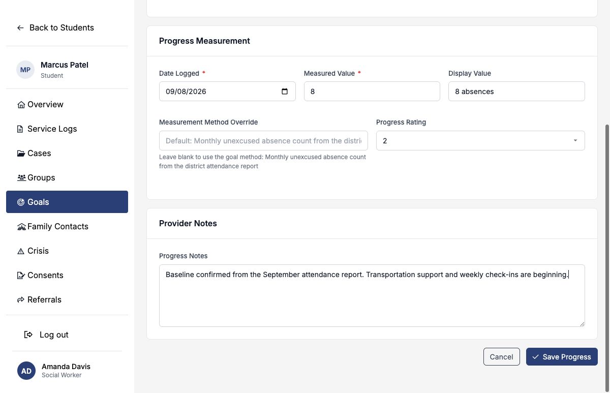 Completed progress entry showing a measured value, rating, and provider notes