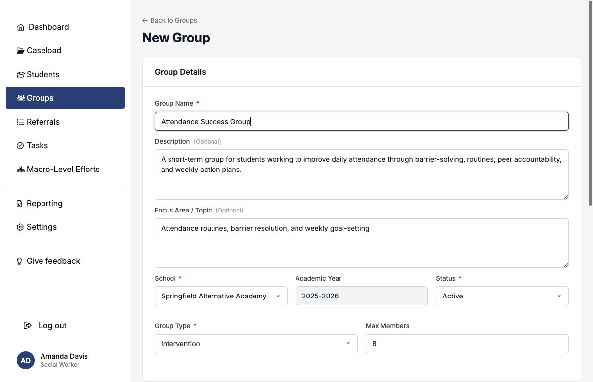 New Group form completed for the Attendance Success Group