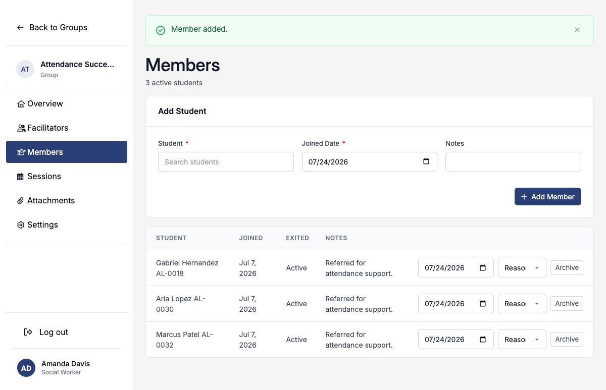 Attendance Success Group roster with Gabriel Hernandez, Aria Lopez, and Marcus Patel