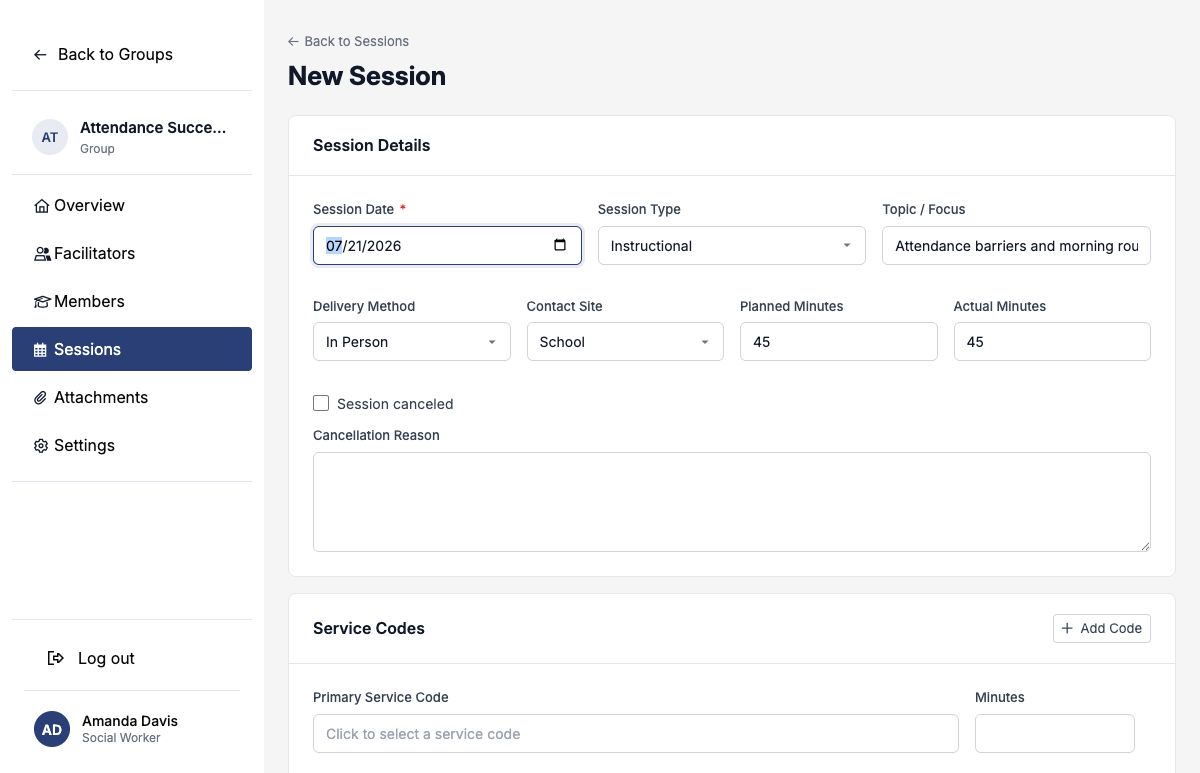 Group session details for a 45-minute instructional attendance session at school