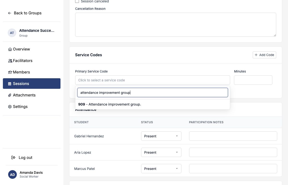 Group session service-code selector showing code 909 Attendance improvement group