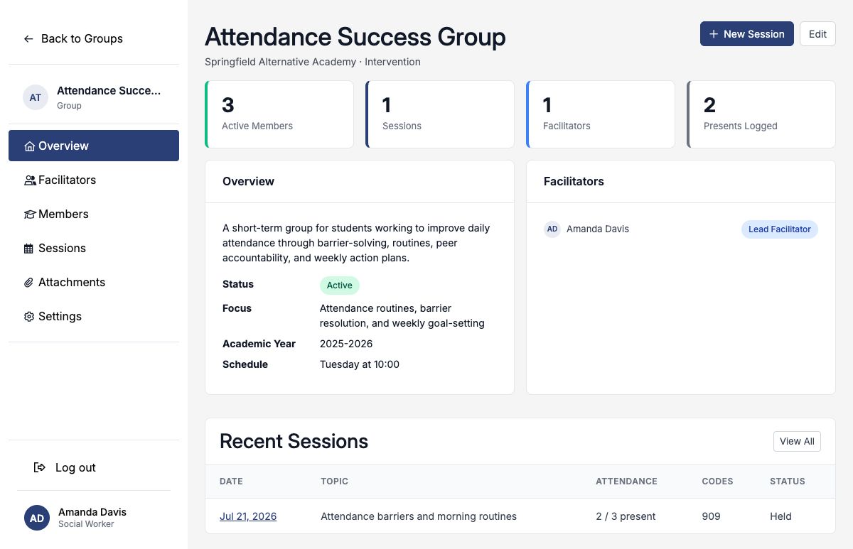 Attendance Success Group overview with three members and one completed session