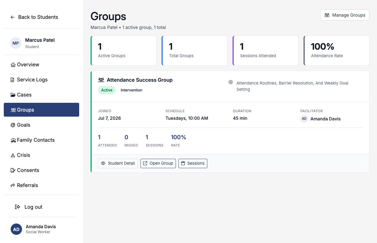 Marcus Patel's Groups page showing the Attendance Success Group and attendance summary