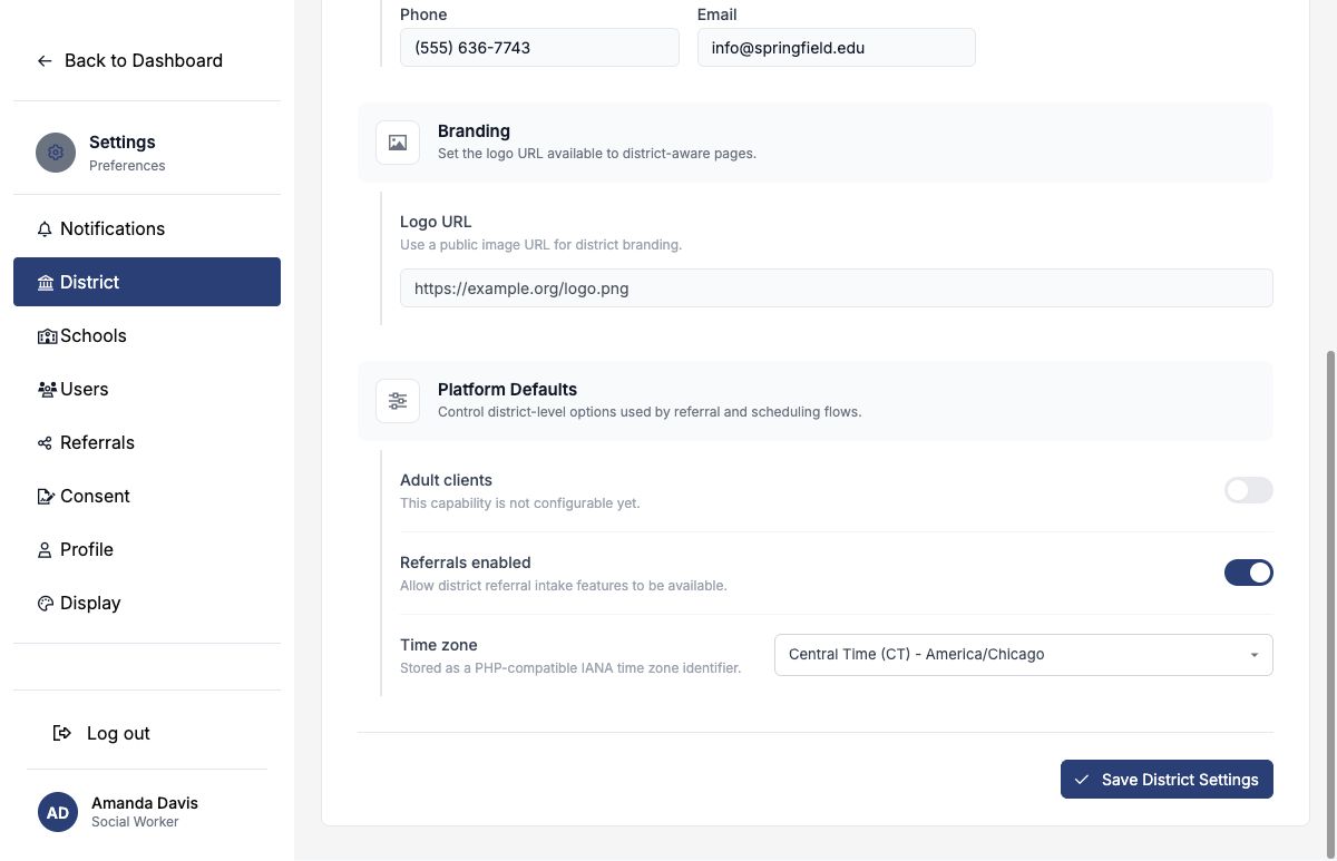 District Settings with the Referrals enabled switch turned on