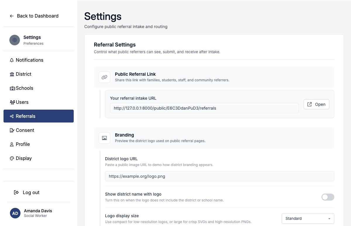 Referral Settings showing the public referral link and branding controls