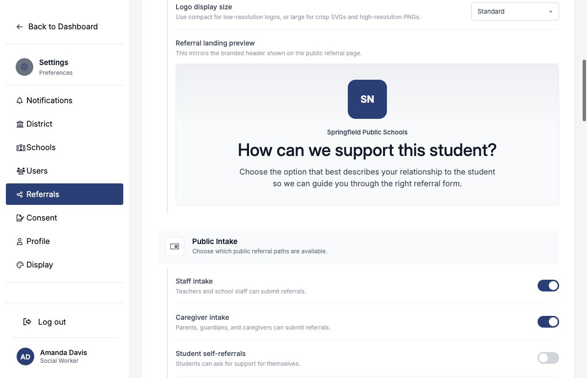 Public intake audience settings and public copy fields