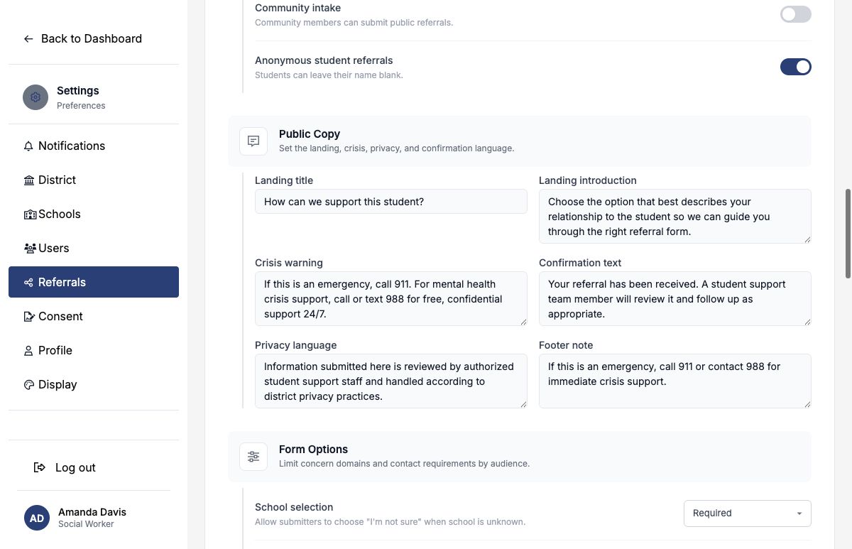Referral Settings showing public copy and form options