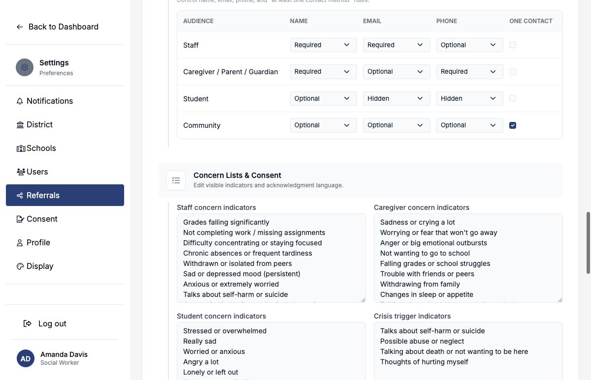 Contact rules, concern indicators, crisis triggers, and consent text in Referral Settings