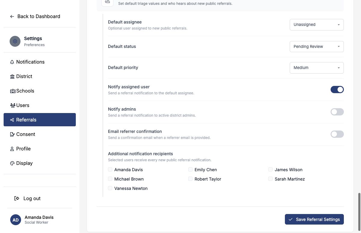 Referral routing and notification settings
