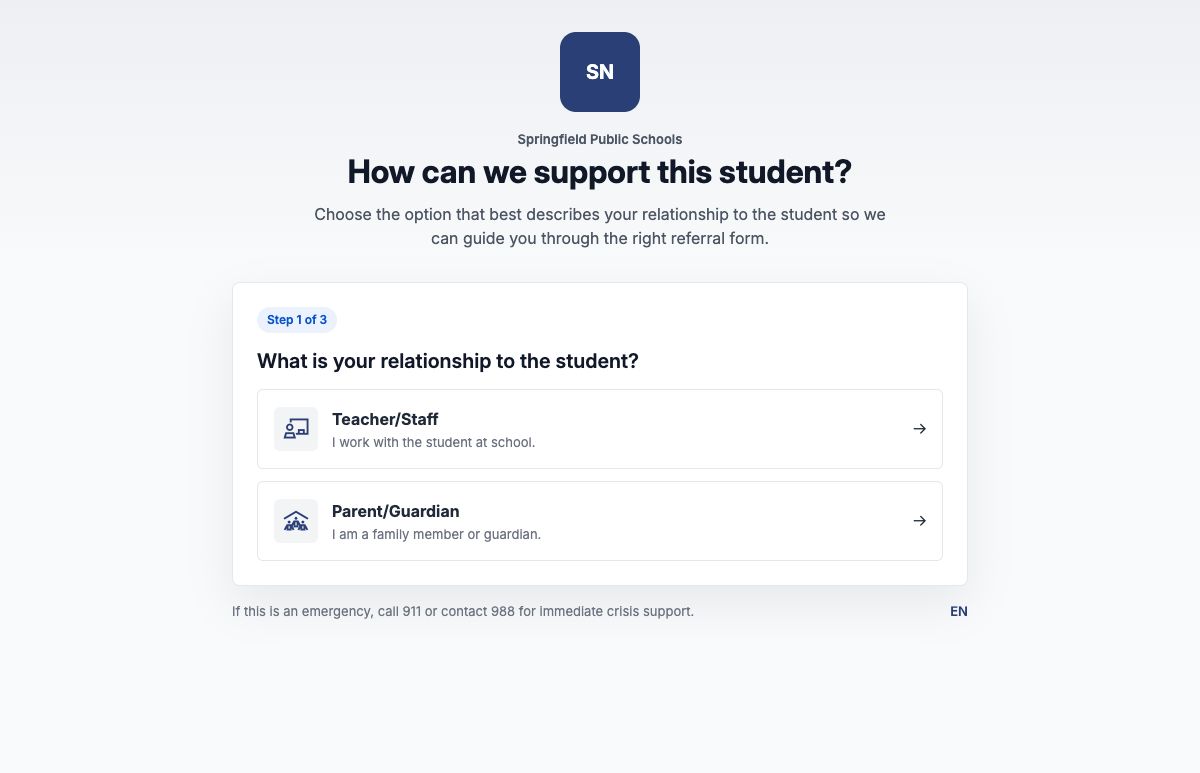 Public referral landing page offering staff and parent or guardian intake