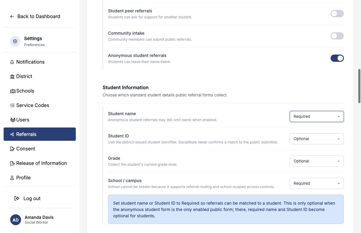Referral Settings Student Information card with student name required, Student ID and grade optional, and school required