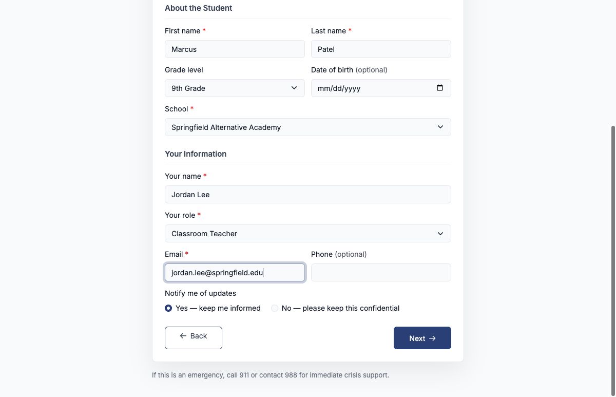 Public staff referral form with student and referrer information