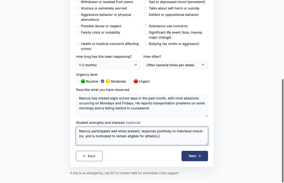 Public referral form describing an attendance concern