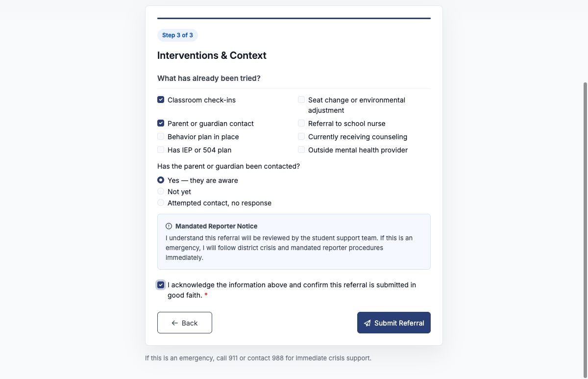 Public referral review step with interventions and acknowledgment