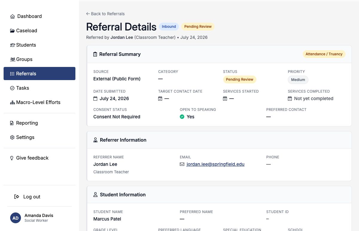Inbound referral detail for an attendance concern