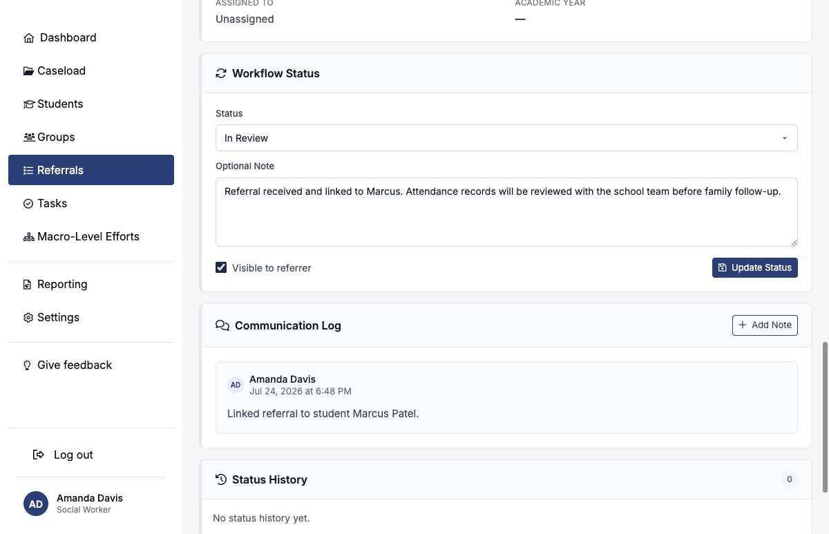 Inbound referral status update set to In Review with a triage note