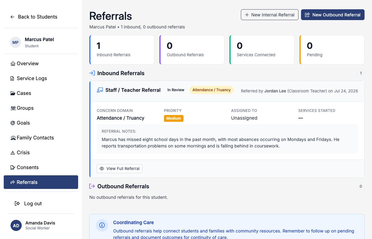 Student referral history for Marcus Patel
