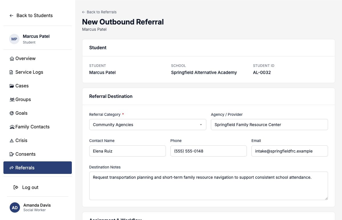 Outbound referral destination fields for a community resource center